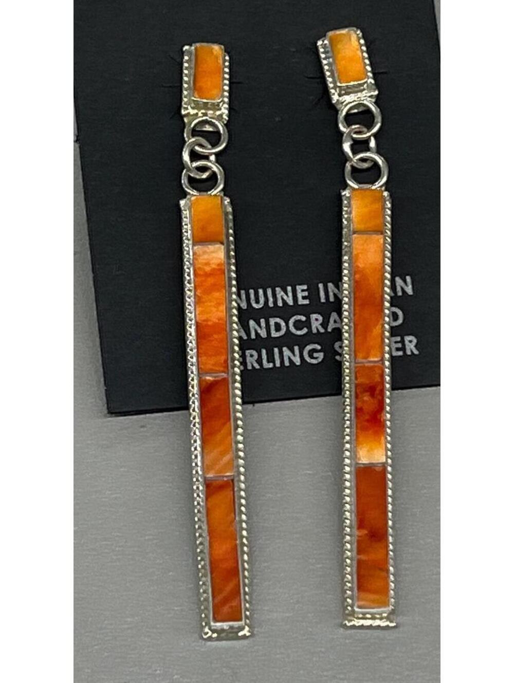 Native American Zuni handmade sterling silver inlay orange spiny oyster earrings